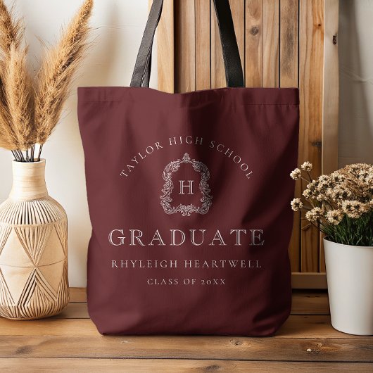 Tote Bag Monogram Crest Burgundy Red White Graduation