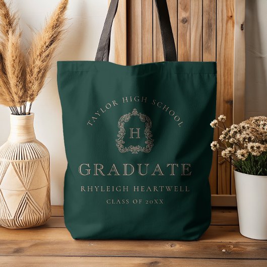 Tote Bag Monogram Crest Dark Green Rose Graduation