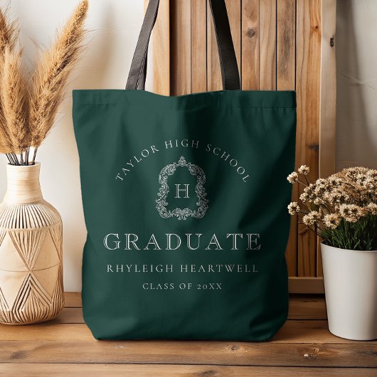Tote Bag Monogram Crest Dark Green White Graduation