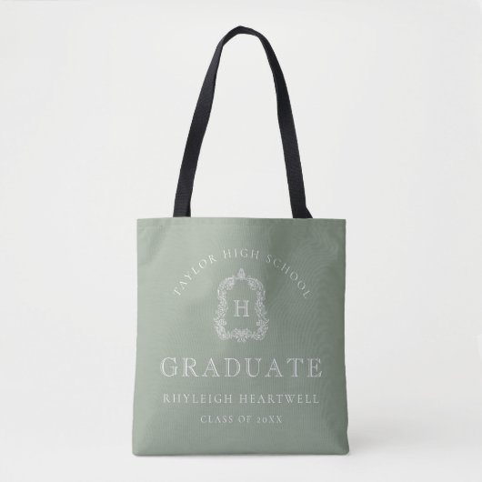 Tote Bag Monogram Crest Sage Green White Graduation (Devant)