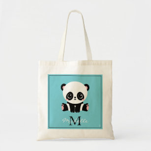 Tote Bag Monogram Cute Panda Personnalisé Bubble Gum Bleu