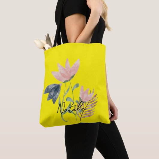 Tote Bag Monogram Fleurs d'été attrayantes l Jaune (De près)