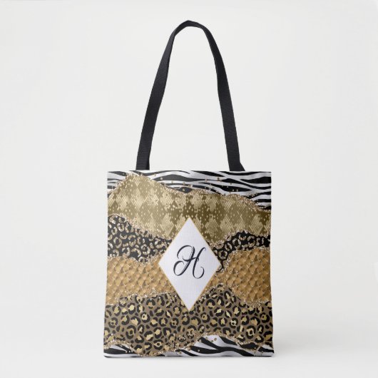 Tote Bag Monogram Gold Black Poster de animal Safari Agate (Devant)