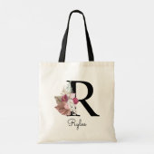 Tote Bag Monogram Pink Boho Girly Floral Initial R (Dos)