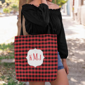 Tote Bag Monogram Red Buffalo Check Custom