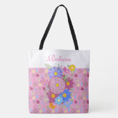 Tote Bag Monogram Wildflowers butterfly floral design pink (Devant)