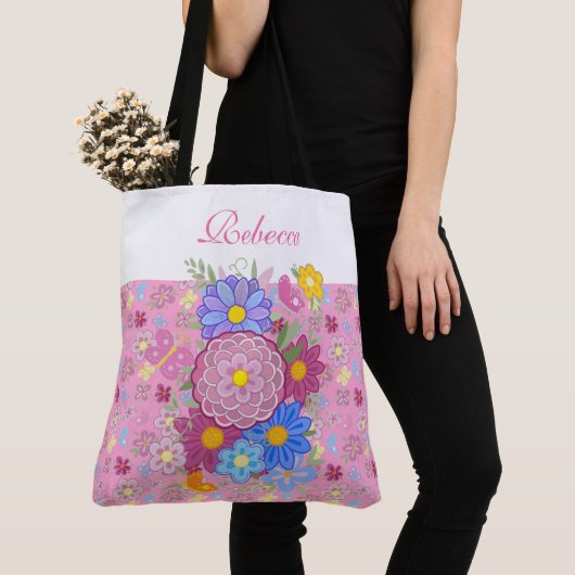 Tote Bag Monogram Wildflowers butterfly floral design pink (De près)