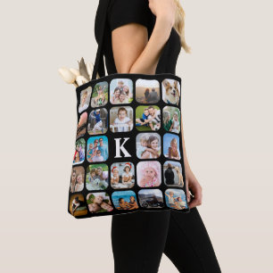 Tote Bag Monogramme 24 Arrondi Photo Collage noir
