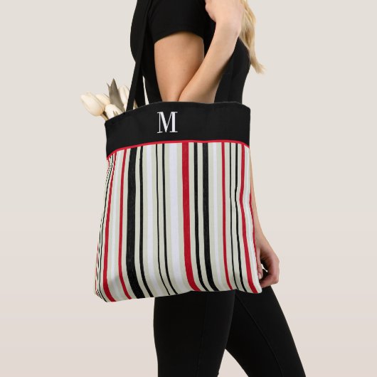 Tote Bag Monogramme à bande noire rouge classique (De près)
