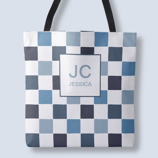 Tote Bag Monogramme à carreaux bleu moderne simple Chic
