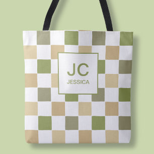 Tote Bag Monogramme à carreaux vert simple moderne Initiale