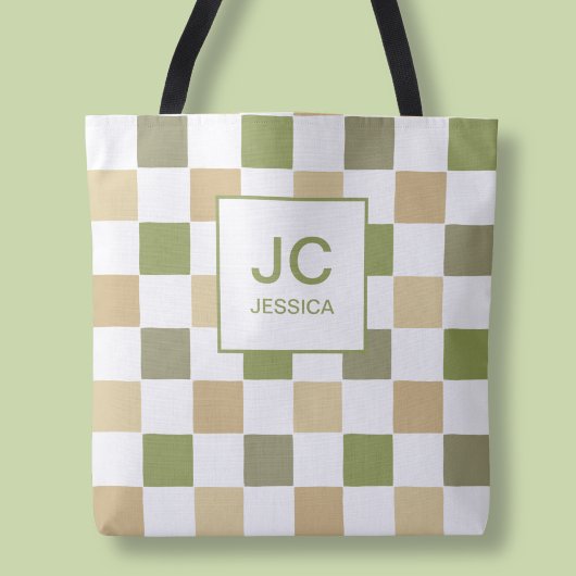 Tote Bag Monogramme à carreaux vert simple moderne Initiale