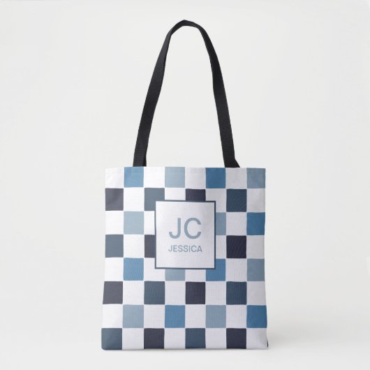 Tote Bag Monogramme À damiers Bleu Moderne Simple Incitants (Devant)