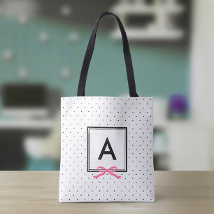 Tote Bag Monogramme à motif à pois avec ruban rose chic