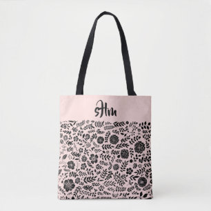 Tote Bag Monogramme à motifs floraux noirs rose pâle