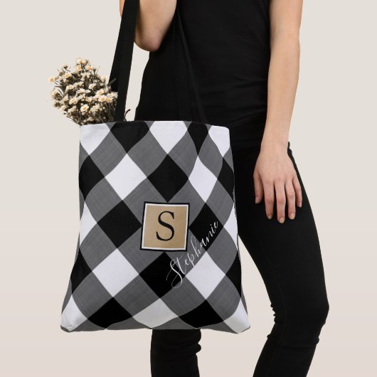 Tote Bag Monogramme à plat de buffle rustique noir et blanc (De près)
