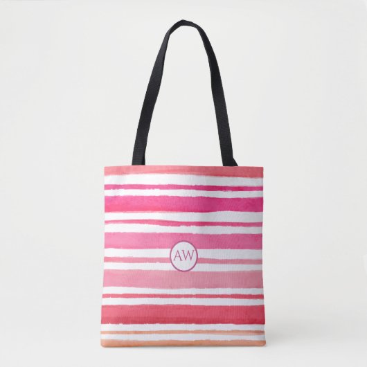 Tote Bag Monogramme à rayure rose d'été personnalisé (Devant)