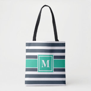 Tote Bag Monogramme à rayures bleues et blanches de la mari