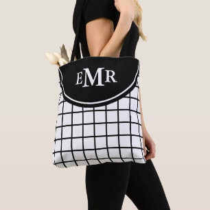 Tote Bag Monogramme à rayures en damier noir et blanc class