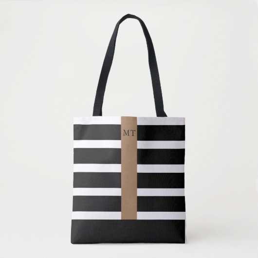 Tote Bag Monogramme à rayures noir et blanc classique Fourr (Devant)