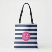 Tote Bag Monogramme à rayures rose et marine (Devant)