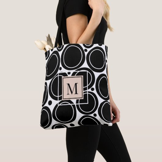Tote Bag Monogramme Abstrait Noir Blanc Noir Rose (De près)