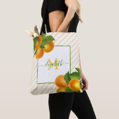 Tote Bag Monogramme agrumes oranges rustiques rayures d'aqu (De près)
