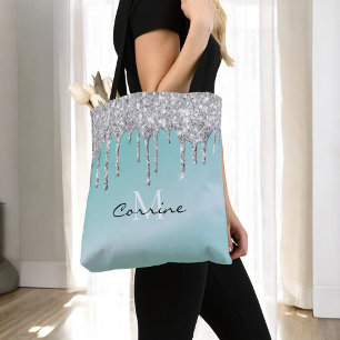 Tote Bag Monogramme Aqua Bleu + Argent Paillettes qui dégou