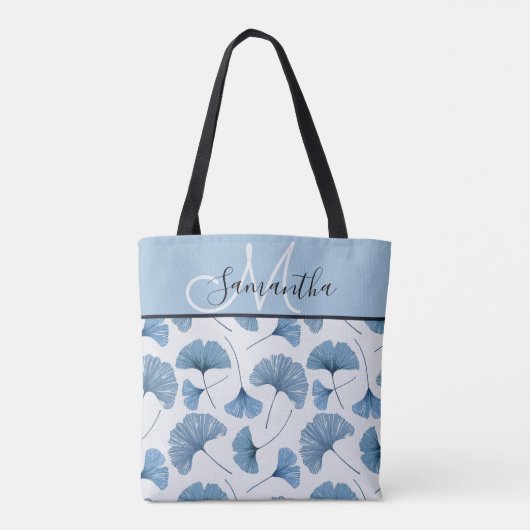 Tote Bag Monogramme aquarelle bleu et blanc feuillage (Dos)