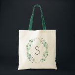 Tote Bag Monogramme Aquarelle Eucalyptus Vert<br><div class="desc">Ce sac fourre-tout est composé de feuilles d'eucalyptus vert menthe peints à la main et stylisés comme une couronne,  jumelés à une police fantaisiste,  et personnalisables avec votre initiale.</div>
