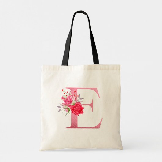 Tote Bag Monogramme Aquarelle Fleurs Rose Alphabet Or E (Dos)