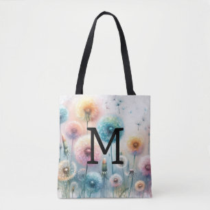 Tote Bag Monogramme aquarelle florale pissenlits roses bleu