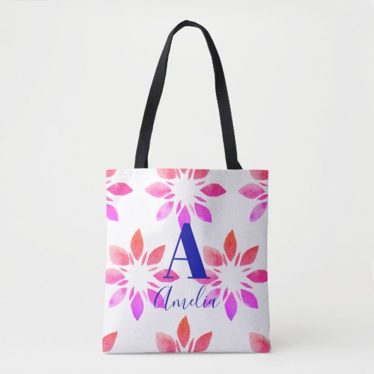 Tote Bag Monogramme Aquarelle rose chaud Rétro Floral (Devant)