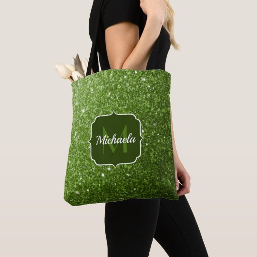 Tote Bag Monogramme avec des paillettes fausses vert clair (De près)