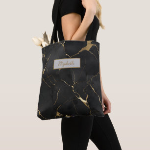 Tote Bag Monogramme Black Gold Marbre Swirl
