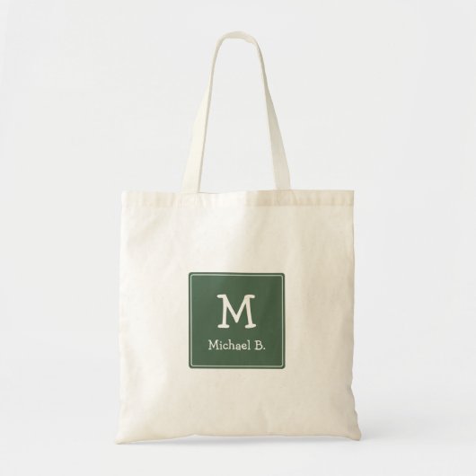 Tote Bag Monogramme blanc et nom sur Carré arrondi vert (Devant)