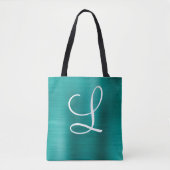 Tote Bag Monogramme blanc Turquoise en métal brossé chic (Devant)