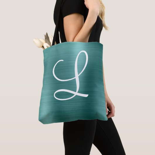 Tote Bag Monogramme blanc Turquoise en métal brossé chic (De près)