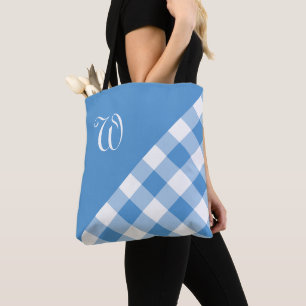 Tote Bag Monogramme Bleu Bleu Bleu Bleu Chèque Géométrique
