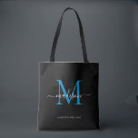 Tote Bag Monogramme bleu de l'océan noir Nom initial<br><div class="desc">Monogramme bleu océanique moderne Élégant Nom du script Sac fourre-tout initial</div>