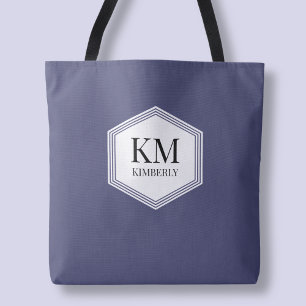 Tote Bag Monogramme Bleu Élégant Simple Nom Personnalisé Mo