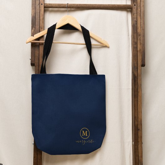 Tote Bag Monogramme bleu marine et or