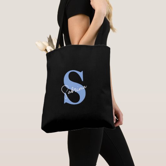 Tote Bag Monogramme Bleu Minimal Moderne Personnalisé (De près)