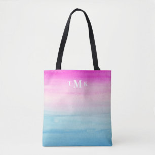 Tote Bag Monogramme bleu rose de l'aquarelle d'Ombre