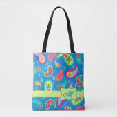 Tote Bag Monogramme bleu Turquoise moderne Paisley Personna (Devant)