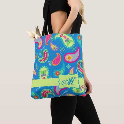 Tote Bag Monogramme bleu Turquoise moderne Paisley Personna (De près)