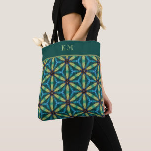 Tote Bag Monogramme Bleu Vert Abstrait Floral Chic Girly