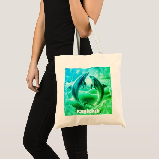 Tote Bag Monogramme Bleu & Vert Dolphins Océan | (Devant (produit))