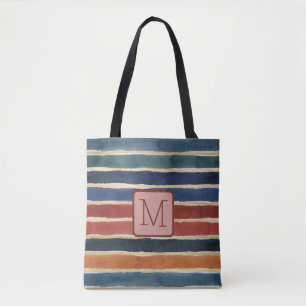 Tote Bag Monogramme bloc de couleur brique à rayures aquare