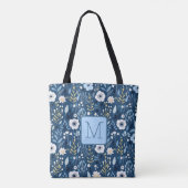 Tote Bag Monogramme Bloc de Couleur Fleurs Bleues, Blanches (Dos)